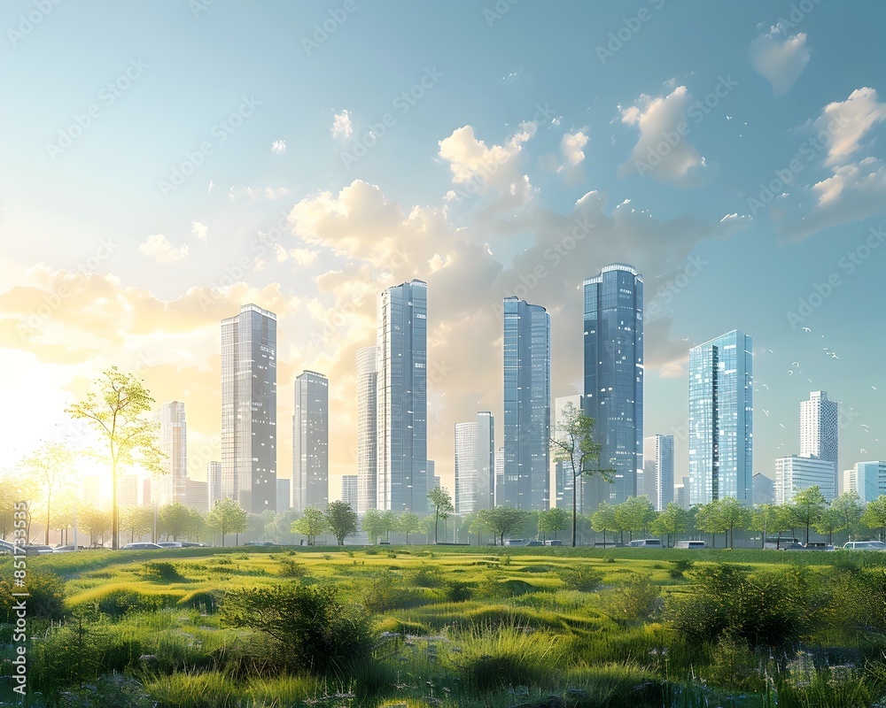 Fototapeta premium Sustainable Urban Planning with Towering Skyscrapers and Lush Green Spaces