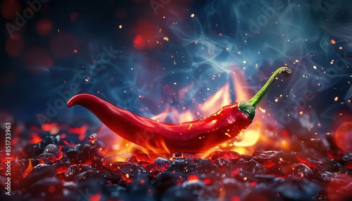 fiery red chili pepper on burning hot coals creating intense flames and smoke digital illustration