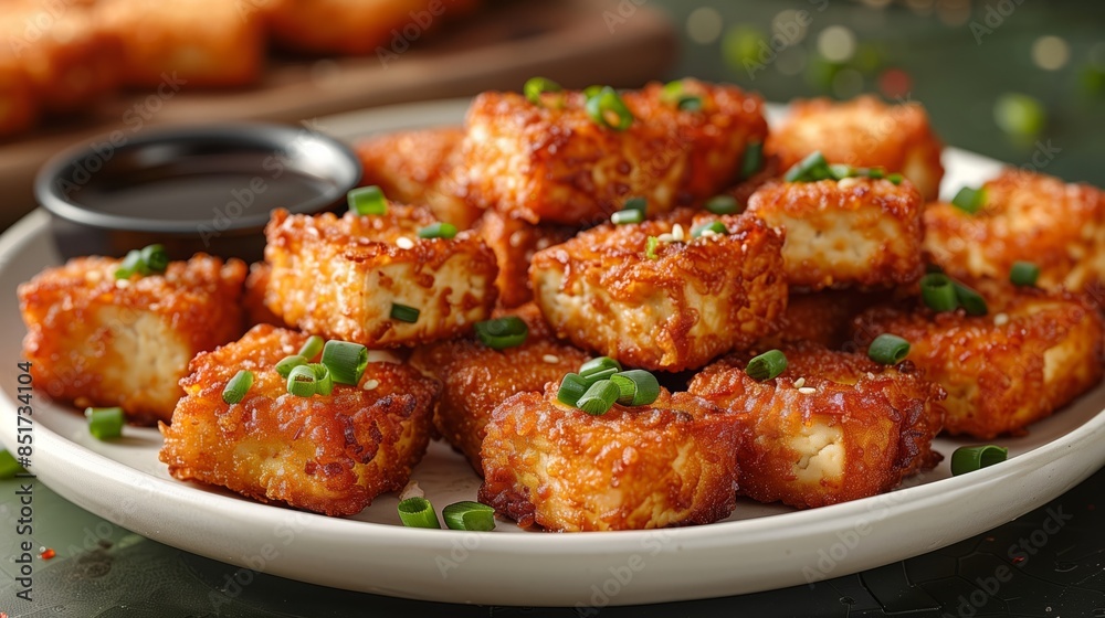 Fototapeta premium Crispy fried tofu served hot on a white ceramic plate with a side of soy dipping sauce
