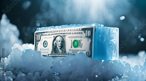 Frozen funds dollar inside ice blocks photo