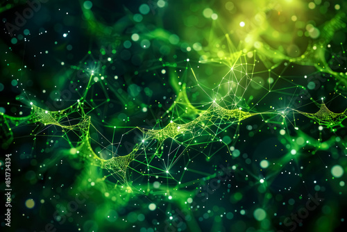 Background with interconnected lines and dots reminiscent of neural pathways and genetic sequences. The color scheme is predominantly green and grey, science and innovation.