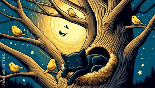 A black cat sleeping in a hollow of a tree, surrounded by yellow birds, with stars peeking through the tree branches. photo