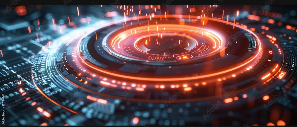 Tech HUD circle design, holographic rings with floating data points, representing information flow and connectivity on a minimalist dark background Tech HUD circle design, holographic rings with floating data points, representing information flow and connectivity on a minimalist dark background
