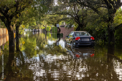 Wallpaper Mural After the 2024 Hallandale Beach flood, a car is submerged in floodwaters outside a suburban home. Reflections in the water emphasize the severe impact on residential areas and the need for recovery. Torontodigital.ca