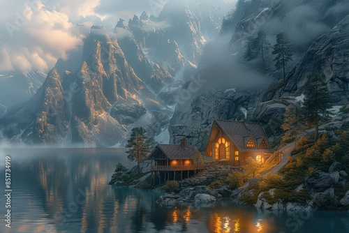 Cozy mountain cabin illuminated at night by a serene lake, surrounded by misty mountains and stunning natural beauty. © KanitChurem