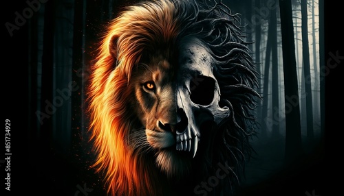 A detailed close-up of a lion prowling through a dark, eerie forest, with the fiery side of its mane lighting the path and the skull side blending int. photo