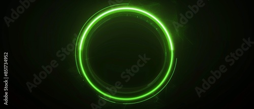 Tech HUD circle design, luminous neon green rings with subtle motion blur, creating a dynamic and futuristic look on a minimalist dark background