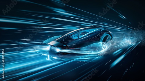 A sleek, futuristic car speeds through a dark environment, surrounded by dynamic neon blue light trails, creating a sense of high velocity and advanced technology. © cherezoff