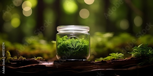 Eco-Friendly Packaging Glass Jar with Recycling Symbol in Lush Forest Setting. Concept Green Living, Recycling Practices, Sustainable Packaging, Nature-Inspired Photoshoot