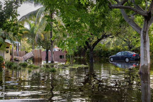After the 2024 Hallandale Beach flood, a car is submerged in floodwaters outside a suburban home. Reflections in the water emphasize the severe impact on residential areas and the need for recovery.