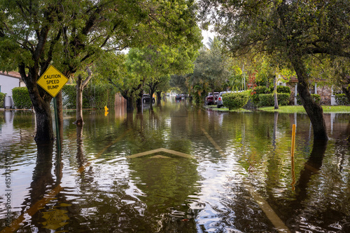 Wallpaper Mural After the 2024 Hallandale Beach flood, a car is submerged in floodwaters outside a suburban home. Reflections in the water emphasize the severe impact on residential areas and the need for recovery. Torontodigital.ca