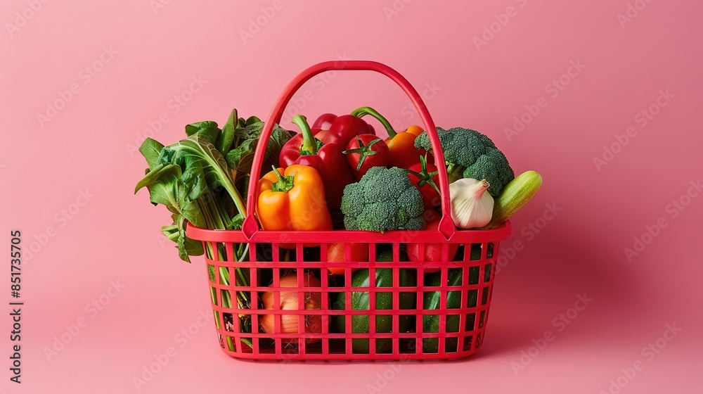 Red shopping basket full of fresh vegetables on pink background. Red shopping basket full of fresh vegetables on pink background.