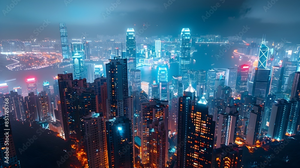 Breathtaking Nighttime Cityscape with Dazzling Skyscrapers and Vibrant Illumination