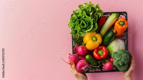 Fresh vegetables in a black basket on a pink background. photo