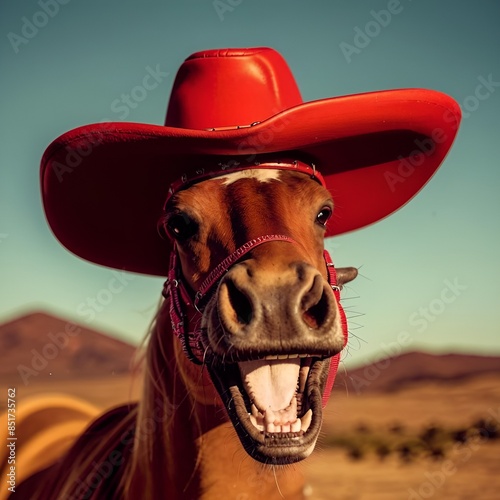 Laughing horse wearing a red cowboy hat