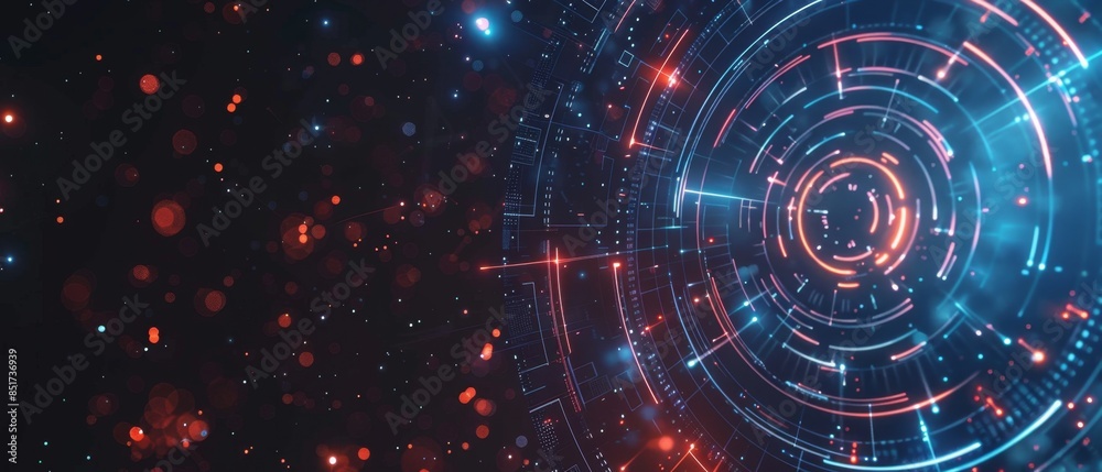 Obraz premium Tech HUD circle design, abstract sonar waves with glowing edges, creating a sense of depth and detection on a minimalist dark background