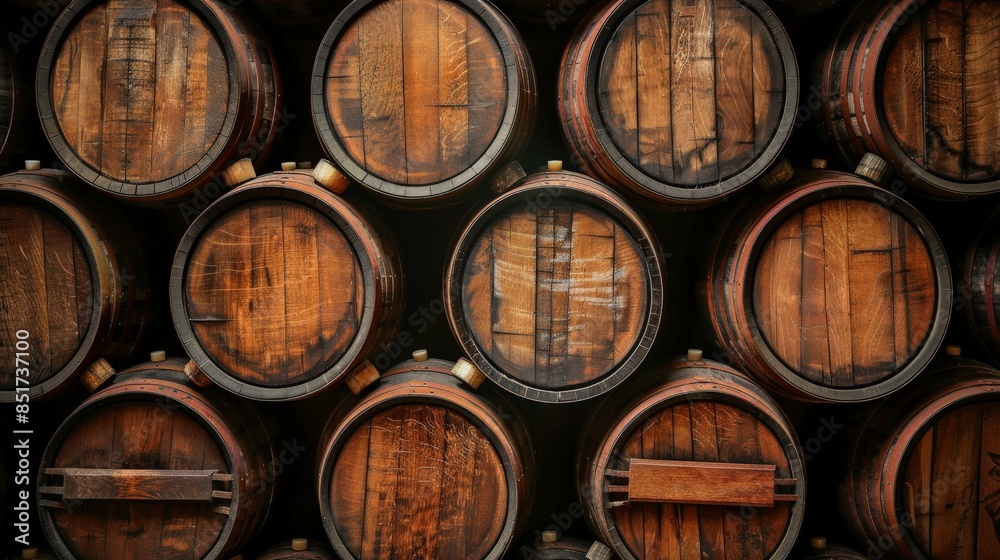Stacked beer barrels forming an atmospheric background for brewery themes Stacked beer barrels forming an atmospheric background for brewery themes