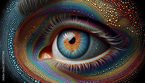 A close-up of a human eye, where the iris is made up of intricate, colorful dots and the surrounding skin tones follow the same pattern.