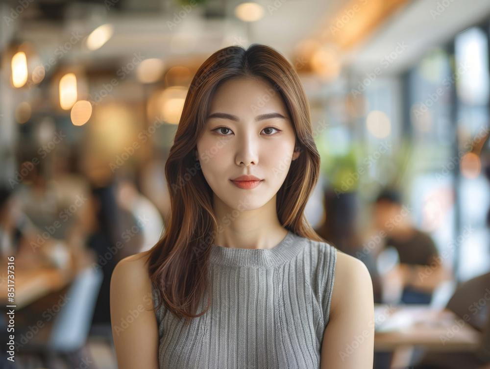 Confident young woman portrait in cafe. Portrait of a confident young Asian woman in a bustling cafe setting, looking directly at the camera. Confident young woman portrait in cafe. Portrait of a confident young Asian woman in a bustling cafe setting, looking directly at the camera.