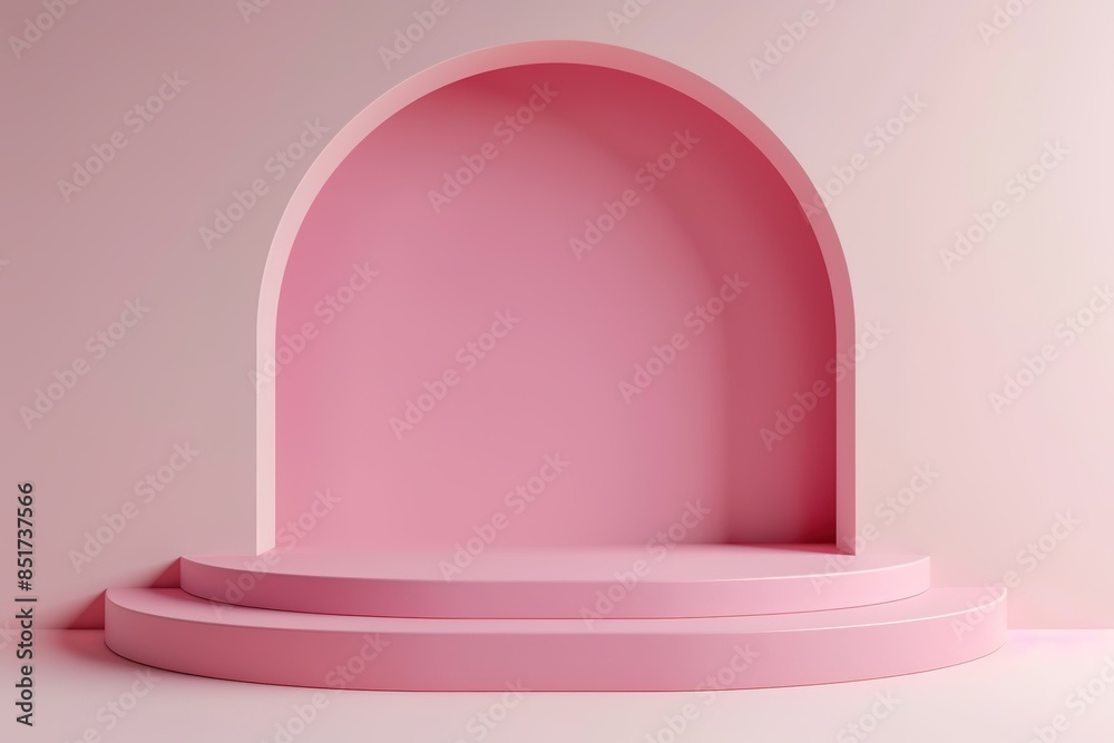 Fototapeta premium Minimalistic pink podium with an arch design for product display.