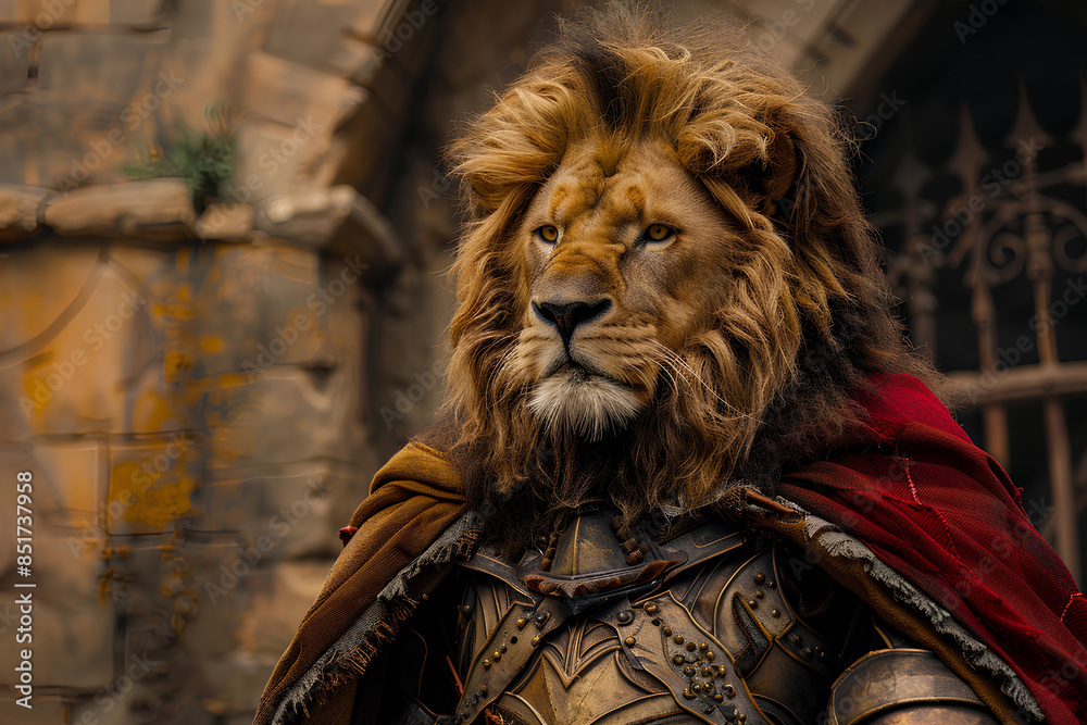 majestic lion in a medieval castle wearing handmade armor, lion, majestic, terrifying, panorama, 3d rendering