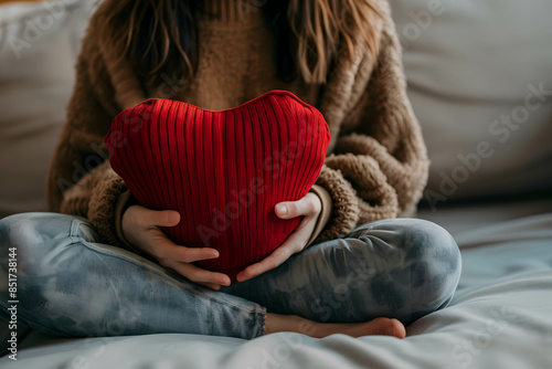 Love yourself concept, take care and give time of yourself more, learn from mistakes and give a chance, person hugging a heart pillow