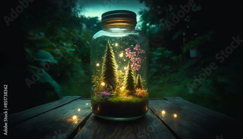 A detailed, close-up image of a bottle terrarium containing a small, glowing forest scene with tiny trees and plants. photo