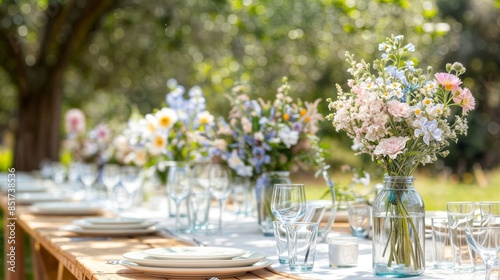 A beautifully set wedding table with white plates, clear glasses and vases of fresh flowers in soft pastel colors © hwijin