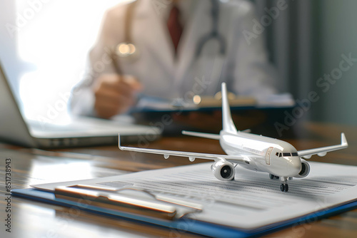 Medical tourism and medical hub concept, traveling internationally for medical care, treatment of specific diseases, airplane model on the table and doctor behind