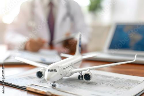Medical tourism and medical hub concept, traveling internationally for medical care, treatment of specific diseases, airplane model on the table and doctor behind