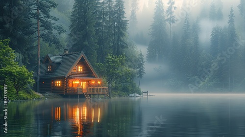 Fototapeta Naklejka Na Ścianę i Meble -  A cabin is sitting on a lake with a foggy sky in the background