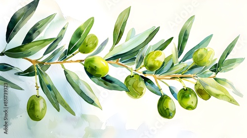 Wallpaper Mural Watercolor Painting of Single Olive Branch with Green Olives on White Background Torontodigital.ca
