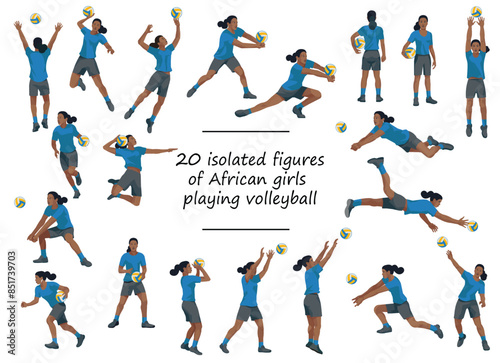 Black African women's volleyball girl players in blue sports equipment training, running, jumping, throwing, hitting the ball © ivnas