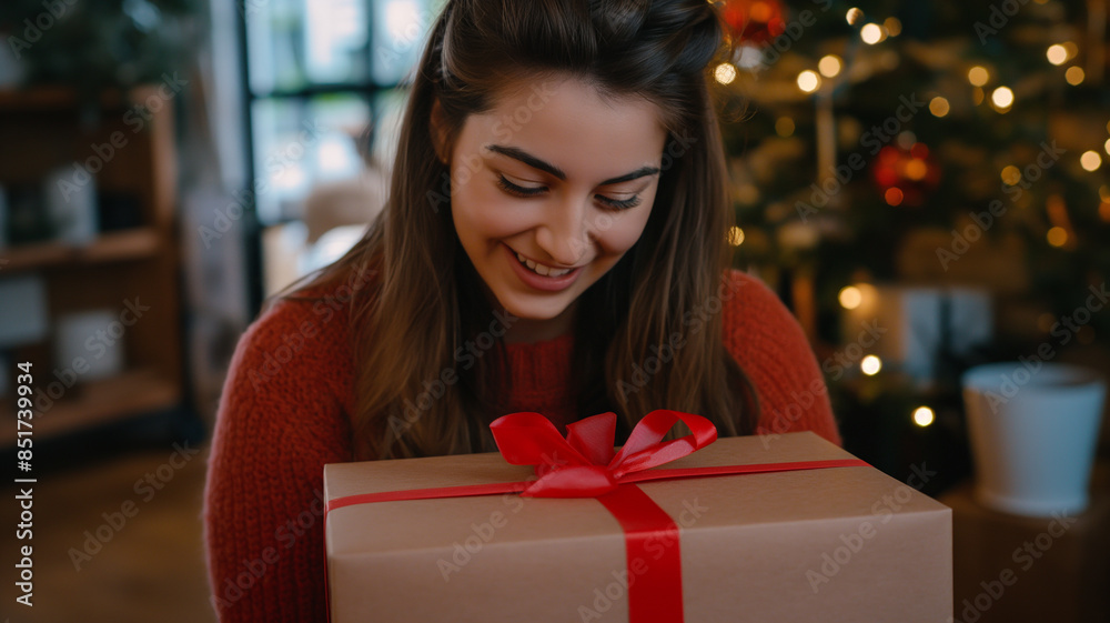 Joyful Woman Holding a Gift Box, Illustrating the Instant Happiness and Love Language of Receiving Gifts Joyful Woman Holding a Gift Box, Illustrating the Instant Happiness and Love Language of Receiving Gifts