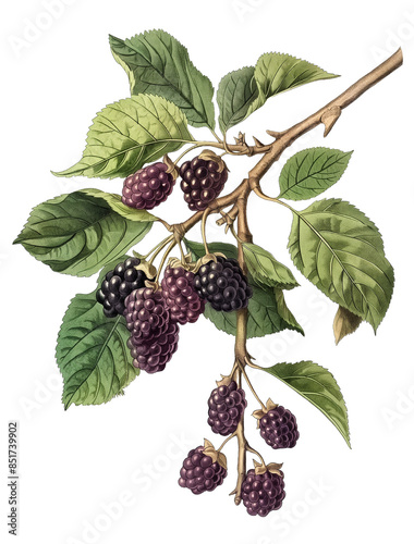 Mulberry isolated on transparent background, old botanical illustration, blackberries on the branch