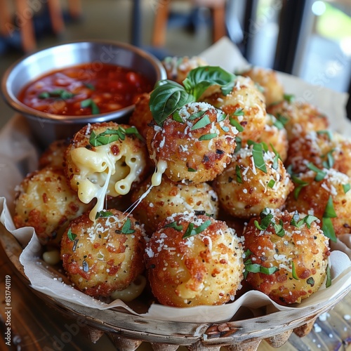 Deliciously fried mac and cheese balls served in a rustic basket with a side of marinara sauce