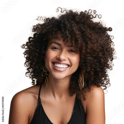 Portrait of a smiling African American woman with afro hair, isolated on transparent background