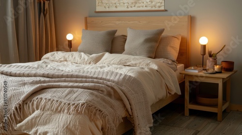 cozy Scandinavian guest bedroom with a light wood bed frame, neutral bedding, and soft lighting from bedside lamps, creating a welcoming space