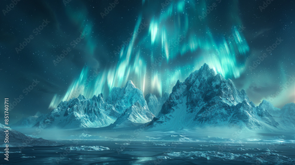 Naklejka premium Aurora borealis, Northern lights over snowy mountain on coastline at Skagsanden Beach, Lofoten Islands.