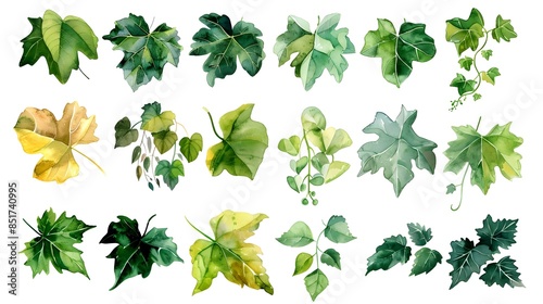 Vibrant Watercolor Vine Leaves Collection   Elegant Botanical Foliage on White Background © Thares2020