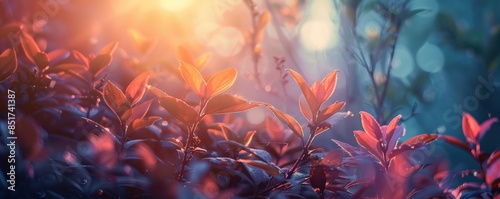 Close-up of vibrant, colorful leaves in sunlight, creating a dreamy and serene atmosphere with beautiful natural bokeh background. photo