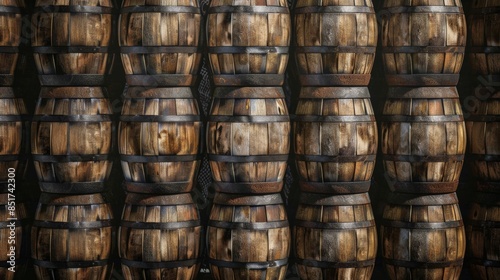 Stacked beer barrels forming an atmospheric background for brewery themes