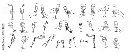Set of hands with champagne glasses, wine glasses, champagne bottles and wine. Cheers. Alcoholic drinks. Great for bar menu, banner, greeting card, holiday, wedding, celebration. Hand drawn