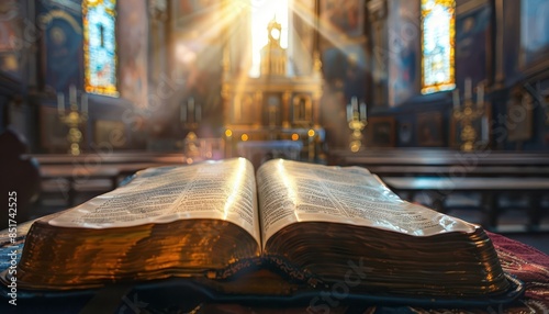 glowing open bible with divine light rays in sacred church interior spiritual background