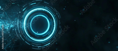 Tech HUD circle design, glowing neon blue rings with pulsating light effects, creating a futuristic interface on a minimalist dark background, showcasing advanced