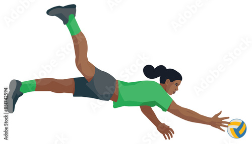 Isolated figure of an African women's volleyball girl player in profile green sportswear hitting a ball in a fall