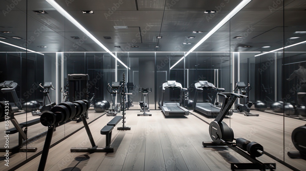Fototapeta premium minimalist fitness room with essential equipment, mirrored walls, and a focused ambiance for effective workouts