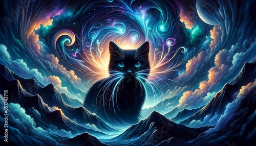 A black cat with ethereal, glowing whiskers against a backdrop of mountains and a swirling, cosmic sky. photo