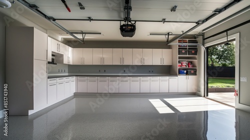 minimalist garage with sleek cabinetry, an epoxy floor, and efficient overhead storage, keeping the space tidy and fully functional