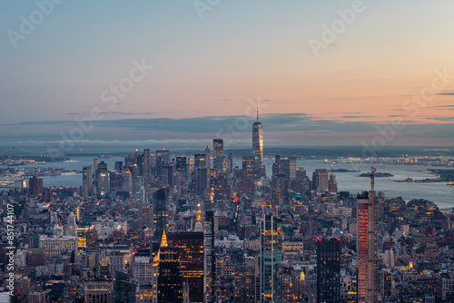 Aerial view of downtown Manhattan at dusk, New York City.